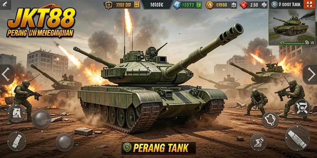 Tampilan antarmuka utama JKT88 yang menampilkan pertempuran tank.